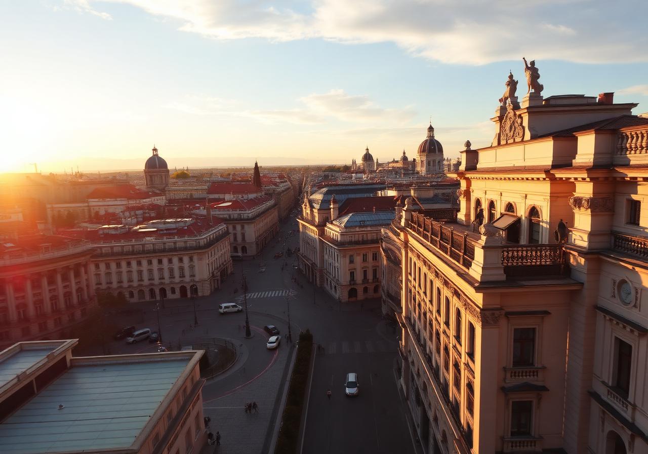Aerial view of Madrid at golden hour
