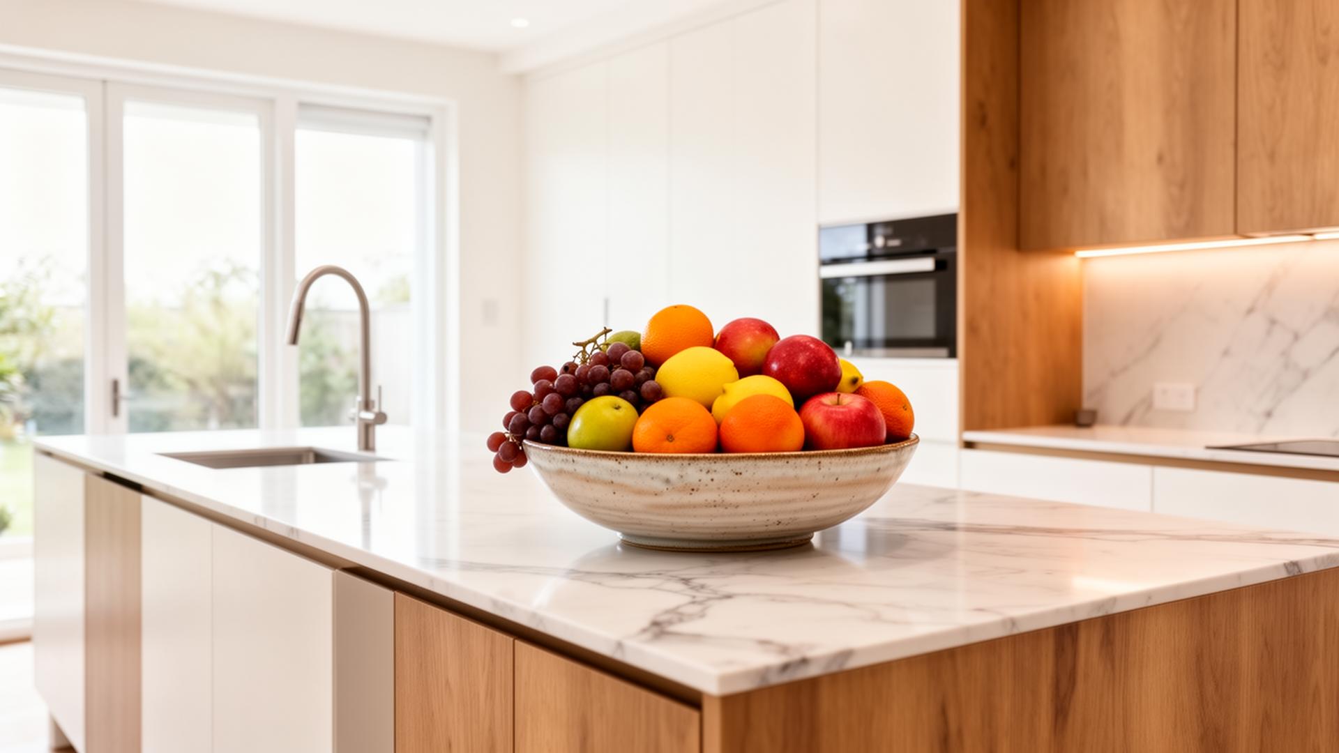 Modern luxury kitchen with a bowl of fresh fruit